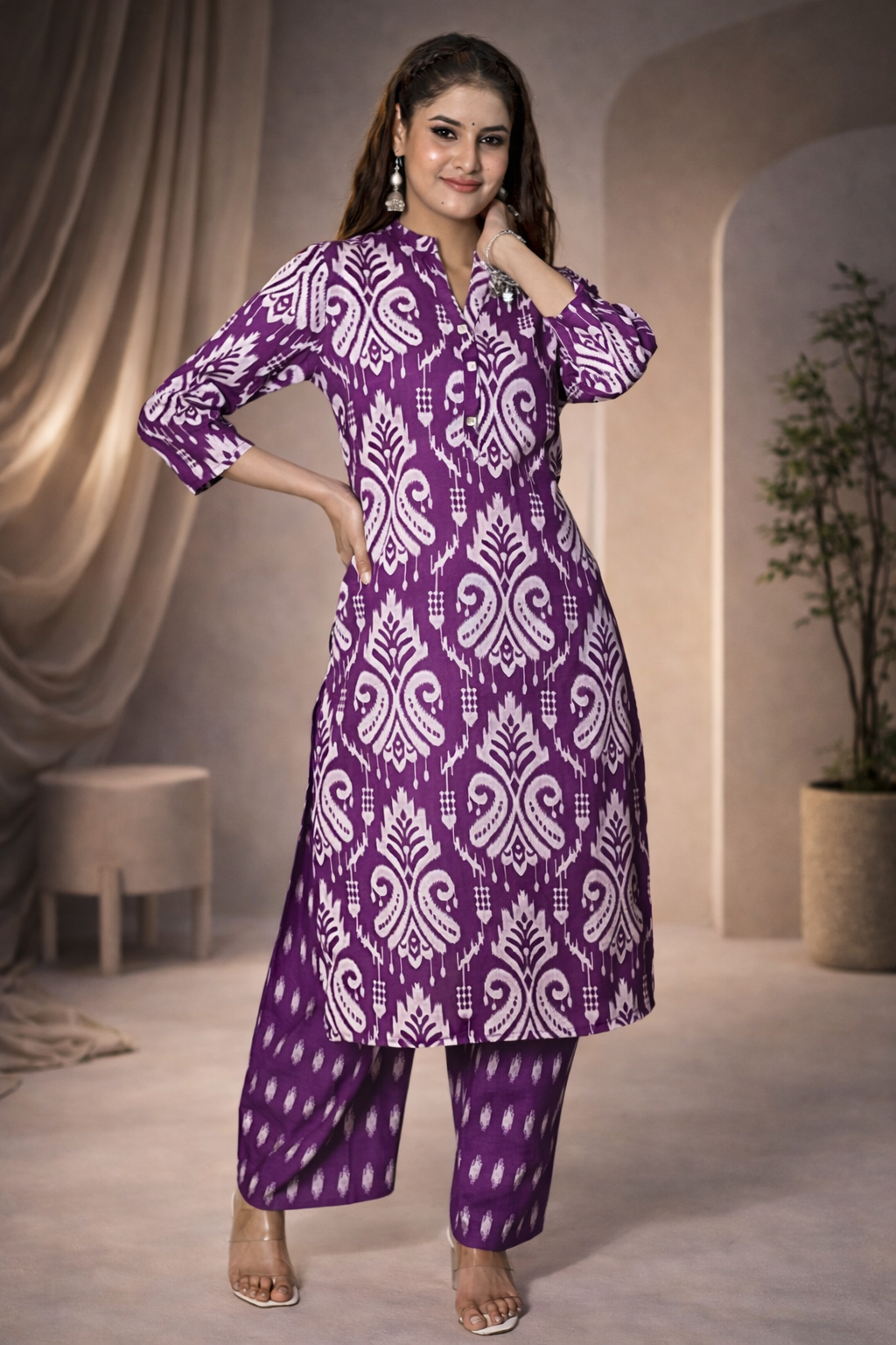 Purple Printed Kurta Palazzo Dupatta Set | Women’s Cotton Ethnic Wear