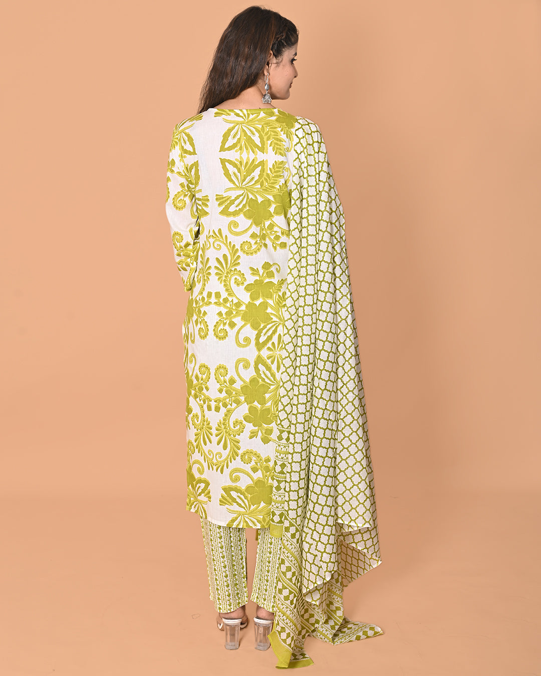 Lime Green Printed Kurta Pant Set with Embroidered Neck & Dupatta