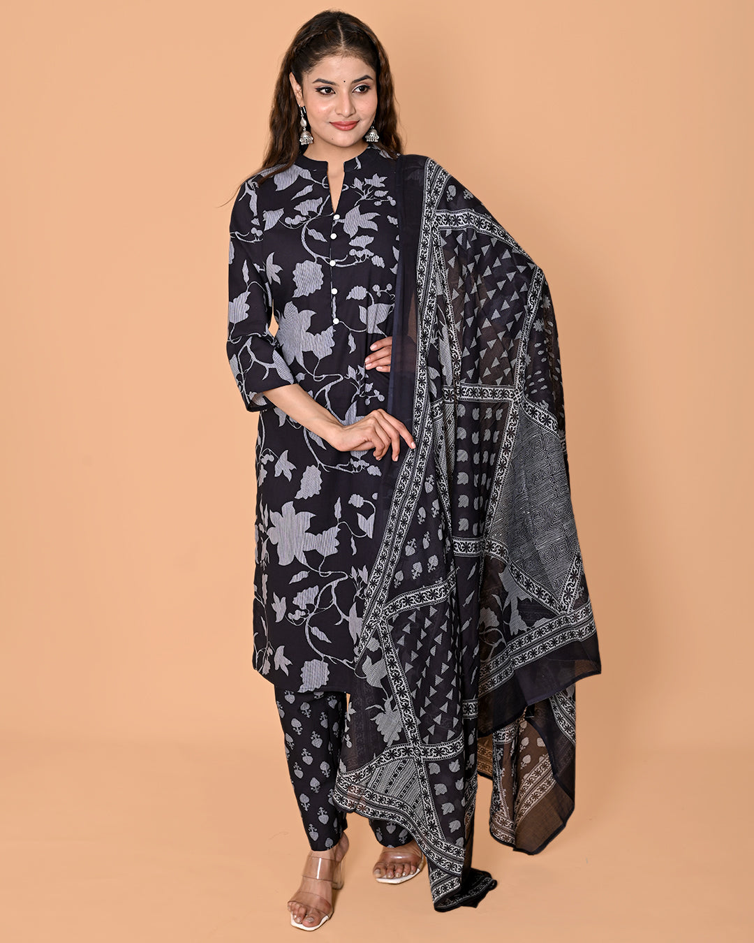 Black Printed Kurta with Pant & Dupatta | Women’s Elegant Cotton Suit Set