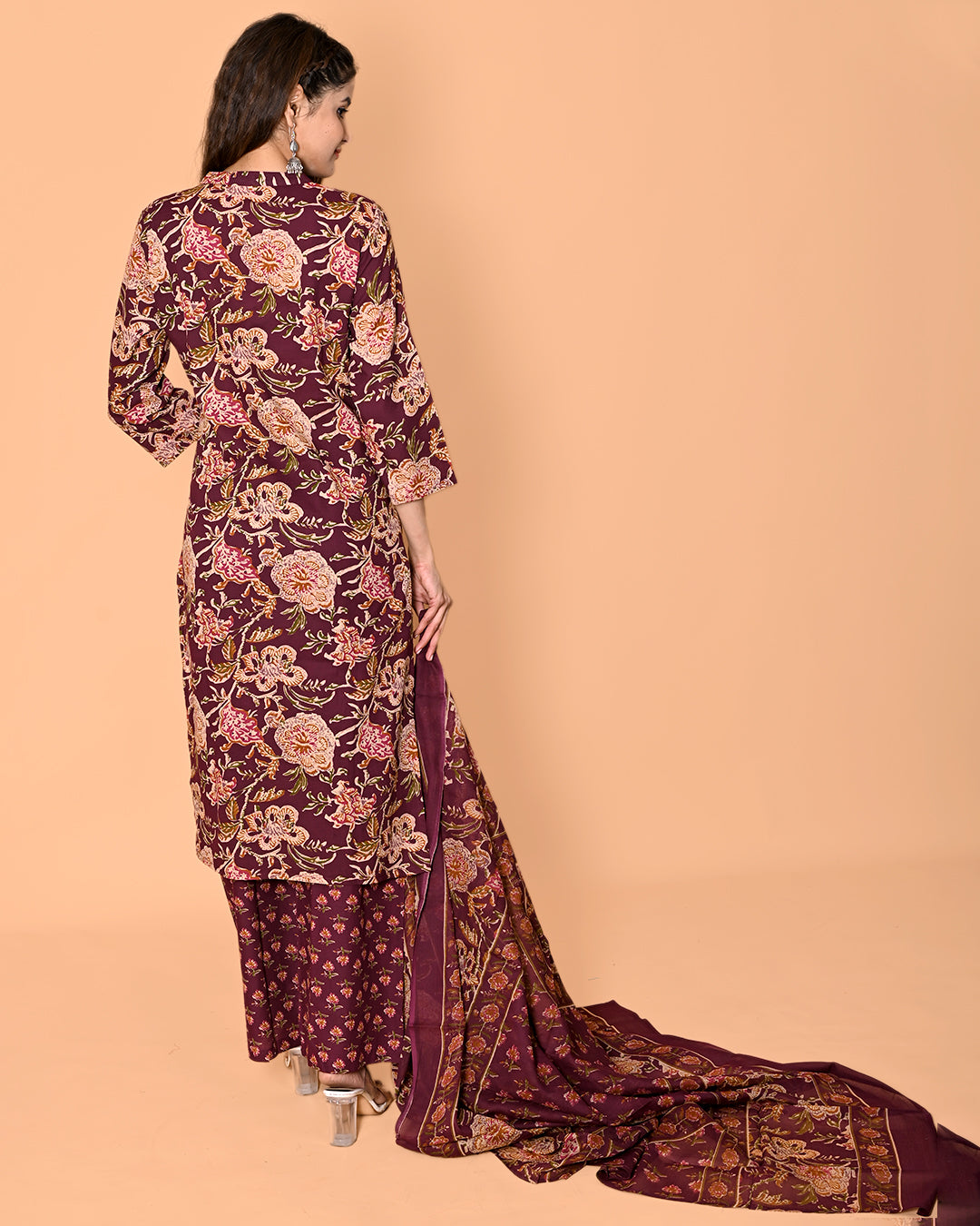 Wine Floral Printed Kurta Palazzo Set with Dupatta