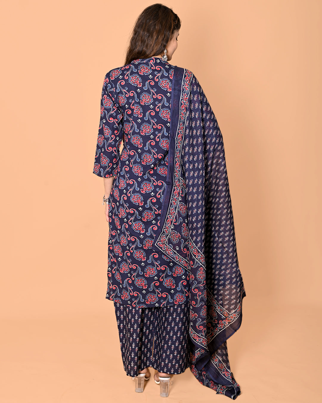 Navy Blue Printed Kurta Palazzo Dupatta Set | Women’s Cotton Ethnic Wear