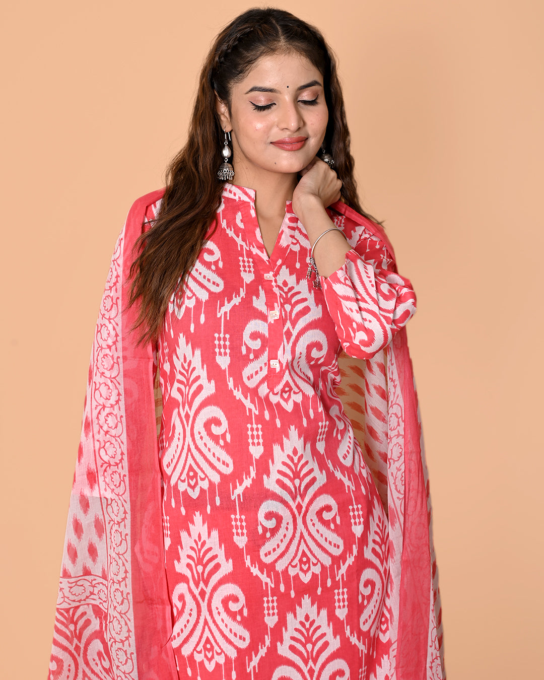 Pink Printed Kurta Palazzo Dupatta Set | Women’s Cotton Ethnic Wear