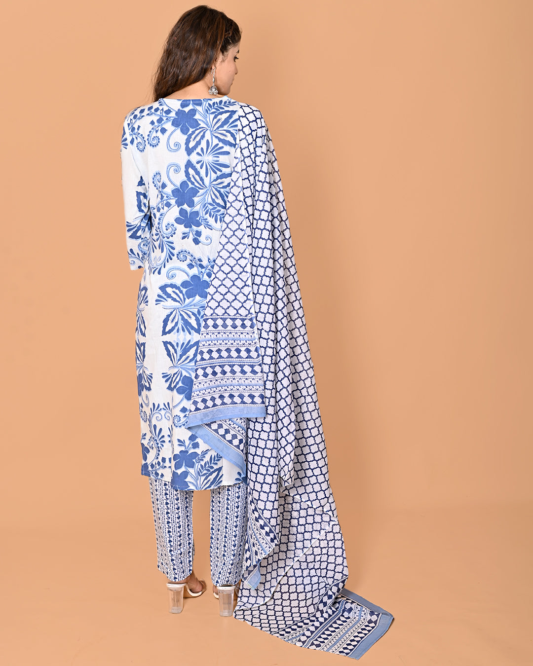 Blue Floral Printed Kurta Pant Set with Hand Embroidered Neck & Dupatta