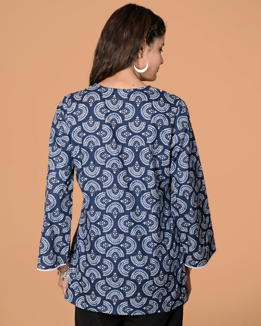 Navy Blue Printed Cotton Short Kurta Top with Square Neck