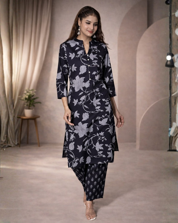 Black Printed Kurta with Pant & Dupatta | Women’s Elegant Cotton Suit Set