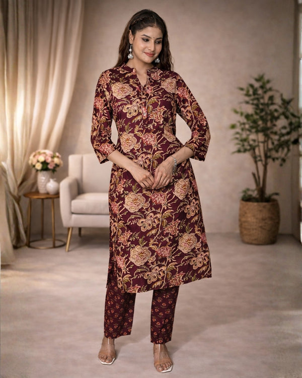 Wine Floral Printed Kurta Palazzo Set with Dupatta