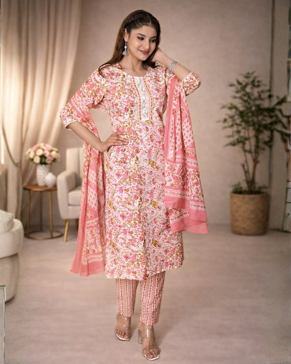 Pink Floral Printed Kurta Pant Dupatta Set | Women’s Cotton Ethnic Wear