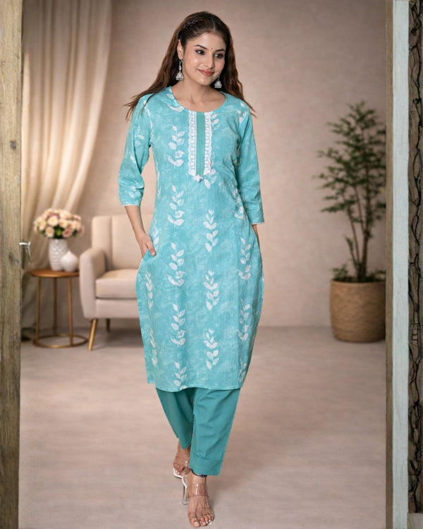 Printed Kurta Pant Set with Embroidered Neck | Women’s Cotton Ethnic Wear