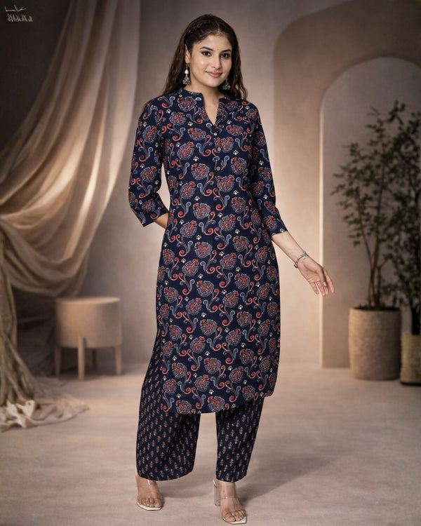 Navy Blue Printed Kurta Palazzo Dupatta Set | Women’s Cotton Ethnic Wear