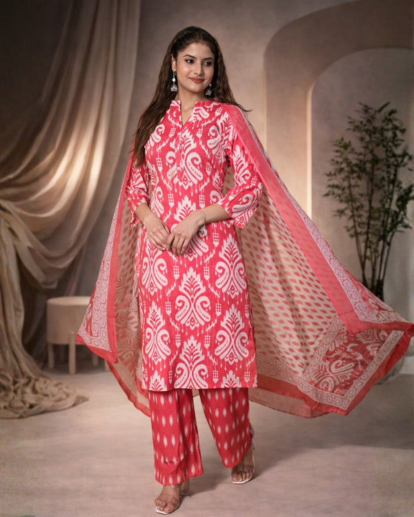 Pink Printed Kurta Palazzo Dupatta Set | Women’s Cotton Ethnic Wear
