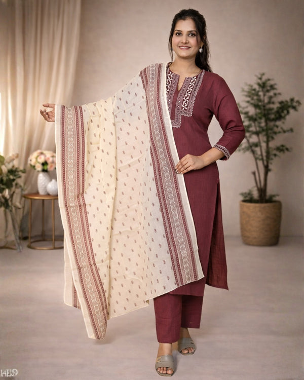 Maroon Embroidered Neck Kurta Pant Set for Women | Cotton Ethnic Wear