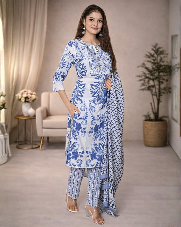 Blue Floral Printed Kurta Pant Set with Hand Embroidered Neck & Dupatta