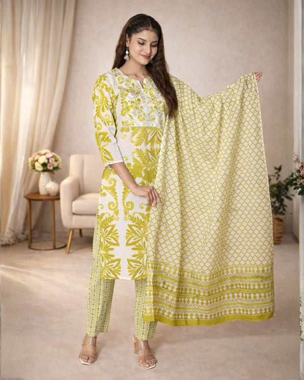 Lime Green Printed Kurta Pant Set with Embroidered Neck & Dupatta