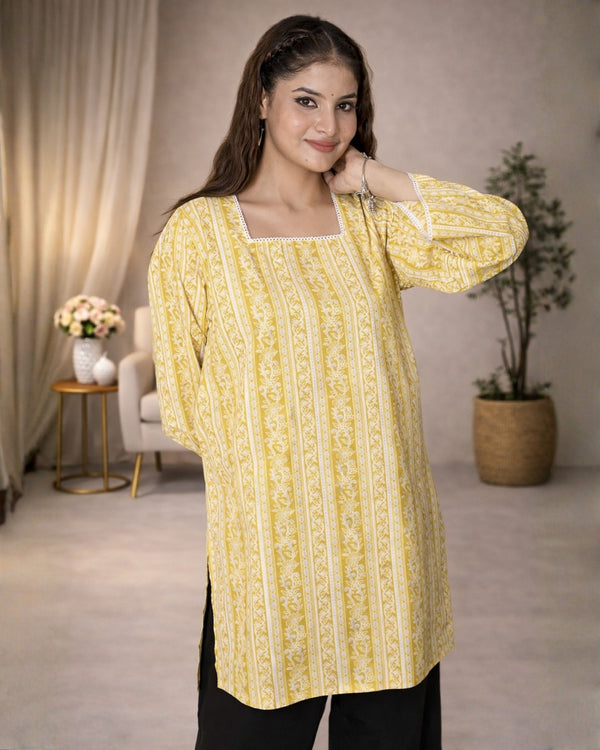 Women’s Lime Green Printed Cotton Short Kurta Top