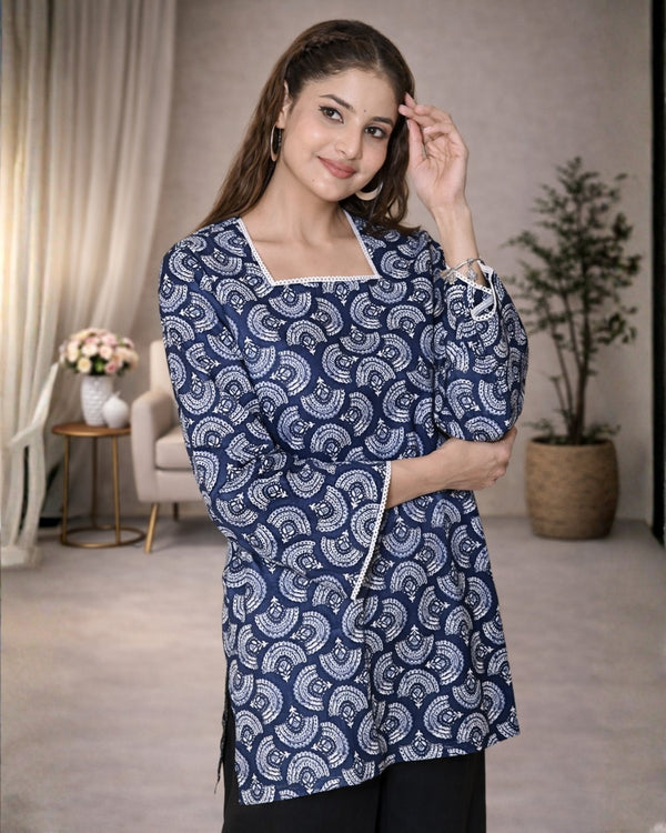 Navy Blue Printed Cotton Short Kurta Top with Square Neck