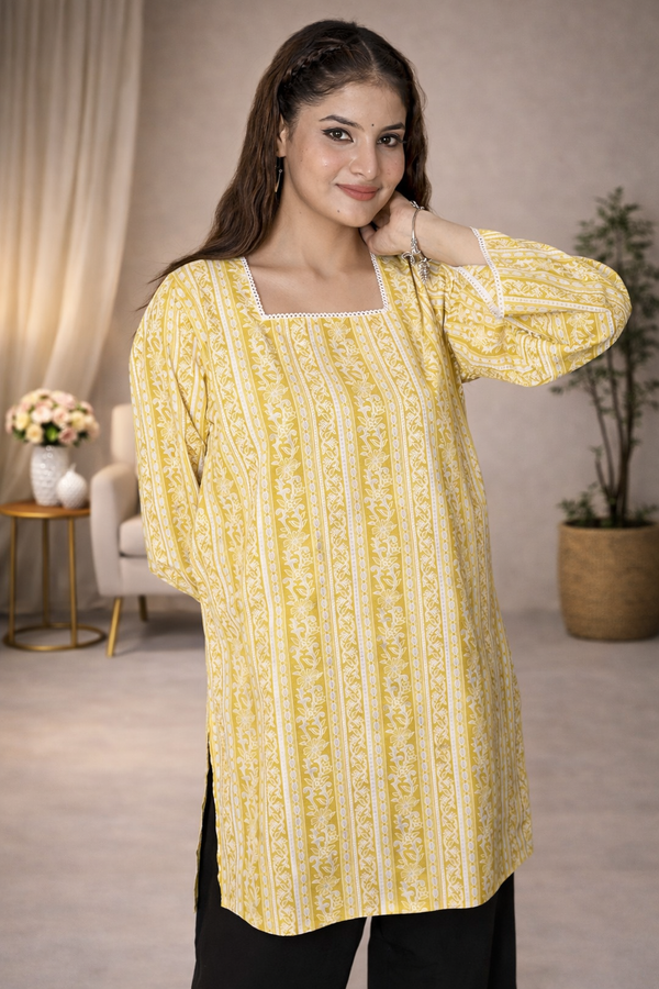 Women’s Lime Green Printed Cotton Short Kurta Top