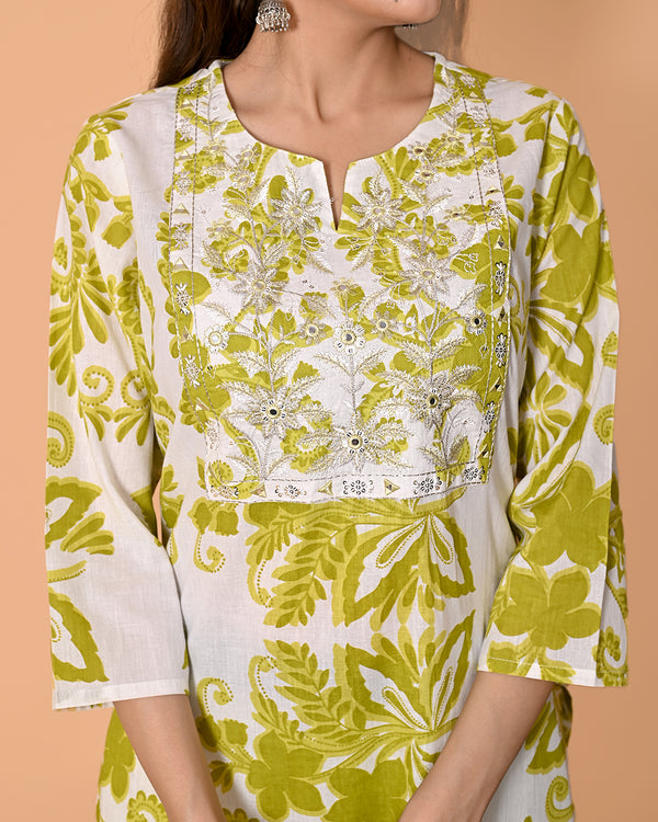 Lime Green Printed Kurta Pant Set with Embroidered Neck & Dupatta
