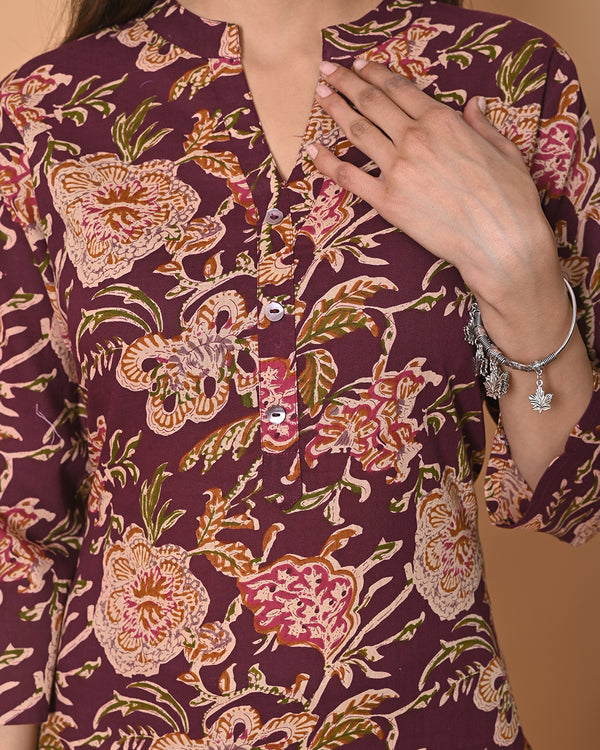 Wine Floral Printed Kurta Palazzo Set with Dupatta
