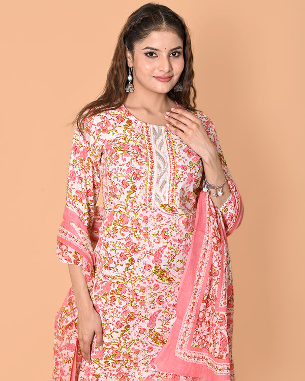 Pink Floral Printed Kurta Pant Dupatta Set | Women’s Cotton Ethnic Wear