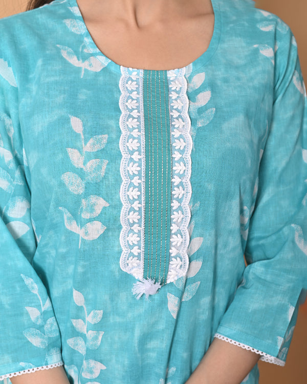 Printed Kurta Pant Set with Embroidered Neck | Women’s Cotton Ethnic Wear