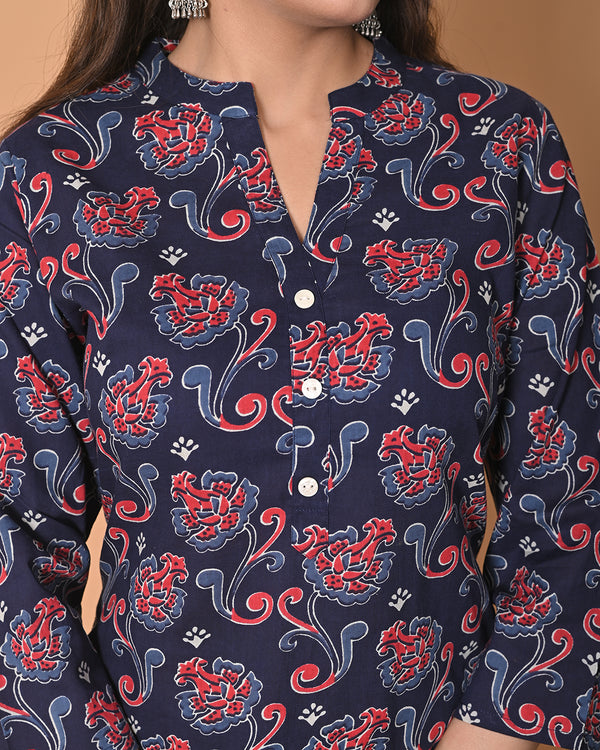 Navy Blue Printed Kurta Palazzo Dupatta Set | Women’s Cotton Ethnic Wear