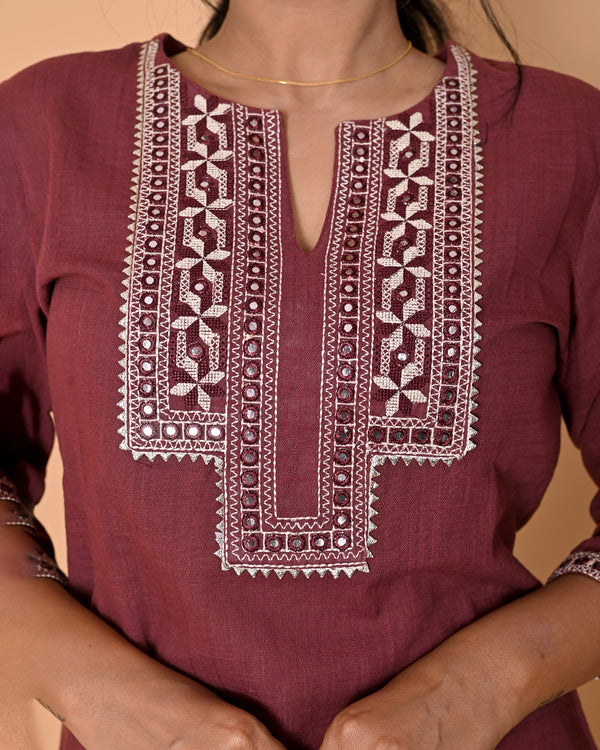 Maroon Embroidered Neck Kurta Pant Set for Women | Cotton Ethnic Wear