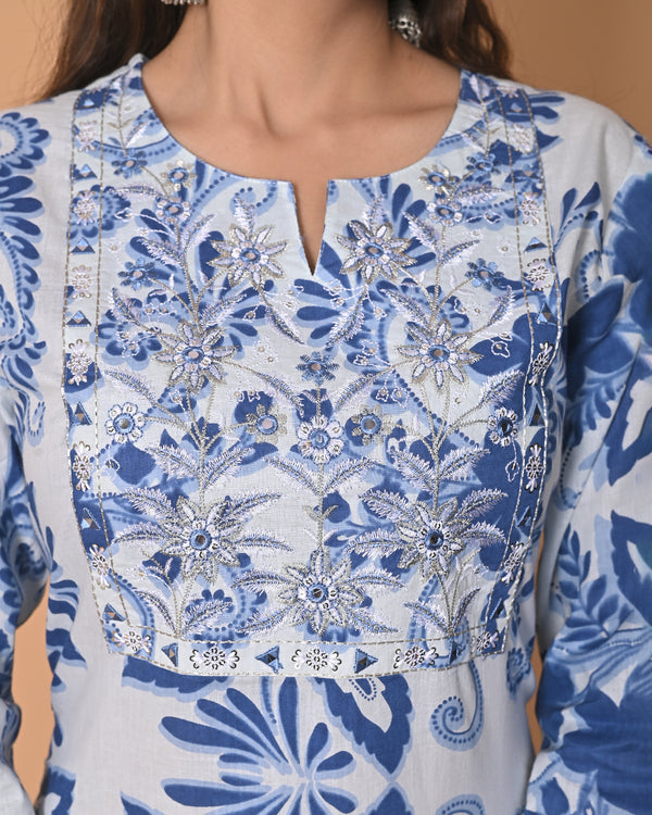Blue Floral Printed Kurta Pant Set with Hand Embroidered Neck & Dupatta