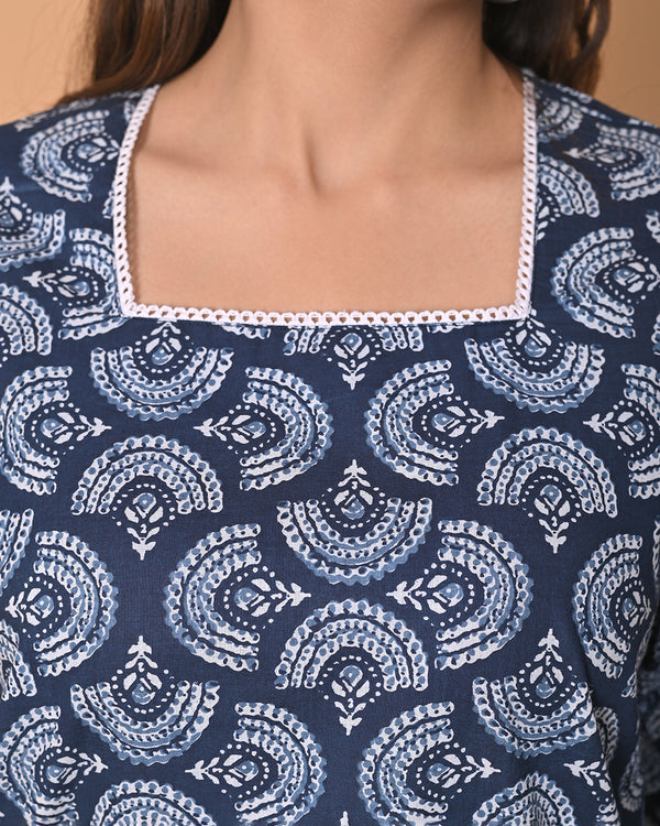 Navy Blue Printed Cotton Short Kurta Top with Square Neck